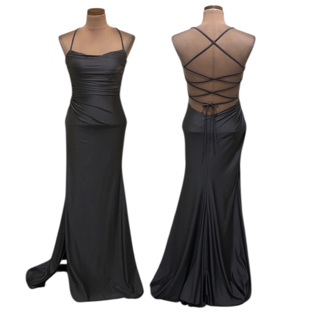 NWT La Femme Maxi Dress Size 4 Dark Silver Gunmetal Gray